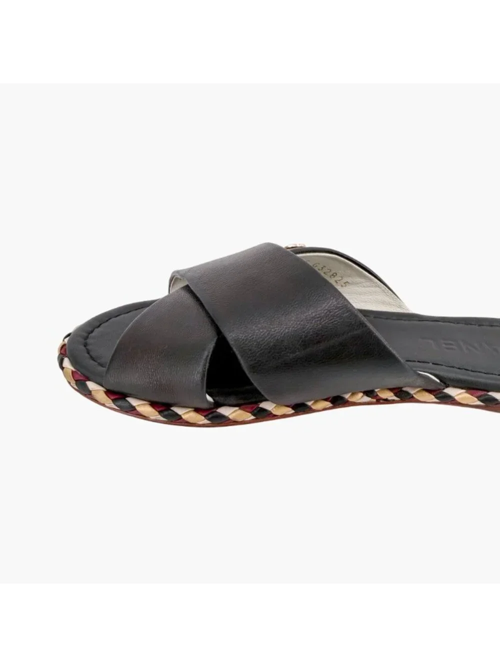 Chanel CC Braided Slide Sandals Black Leather Size 39C US 8-8.5 Wide Flat Mule
